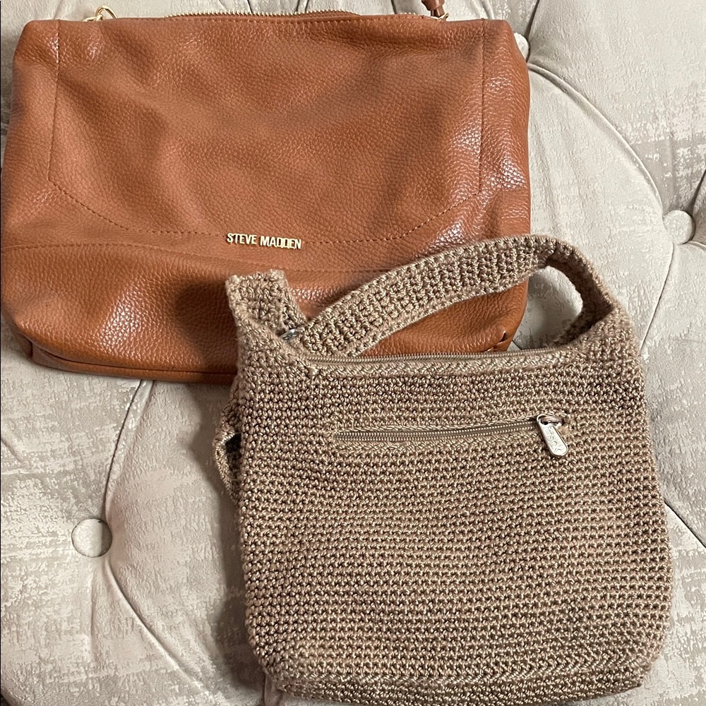 Steve Madden Brown Leather and Beige Knit Shoulder Bags